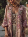 Boho Pink Floral Glitter Embroidered Long Linen Cardigan