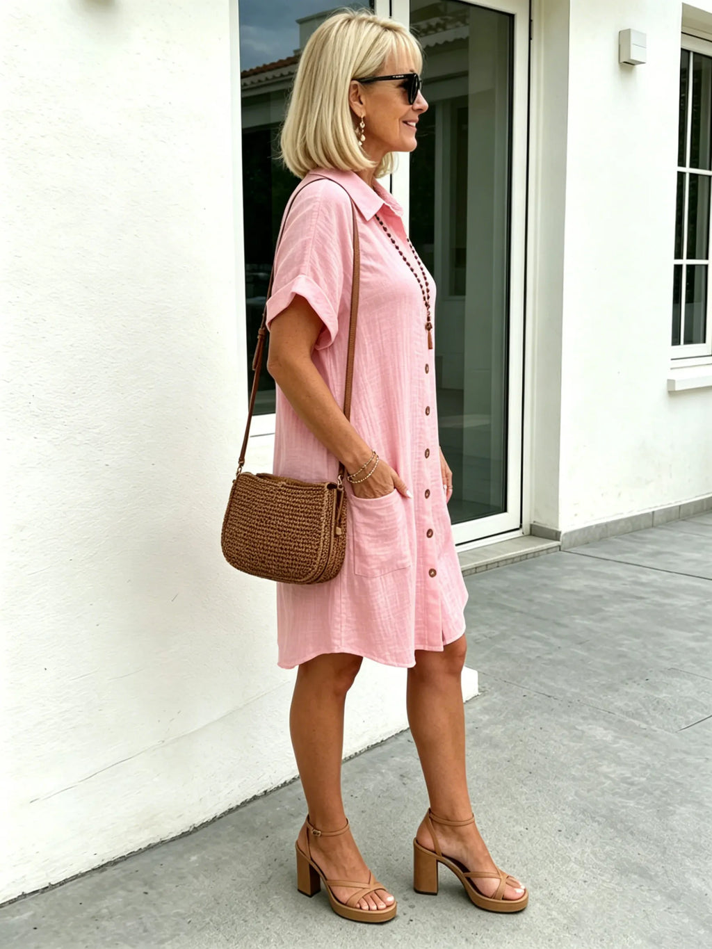 Solid Color Shirt Dress Simple, Made of Breathable, Featuring a Lapel Collar and Orderly Button Arrangement That Adds a Vintage Charm