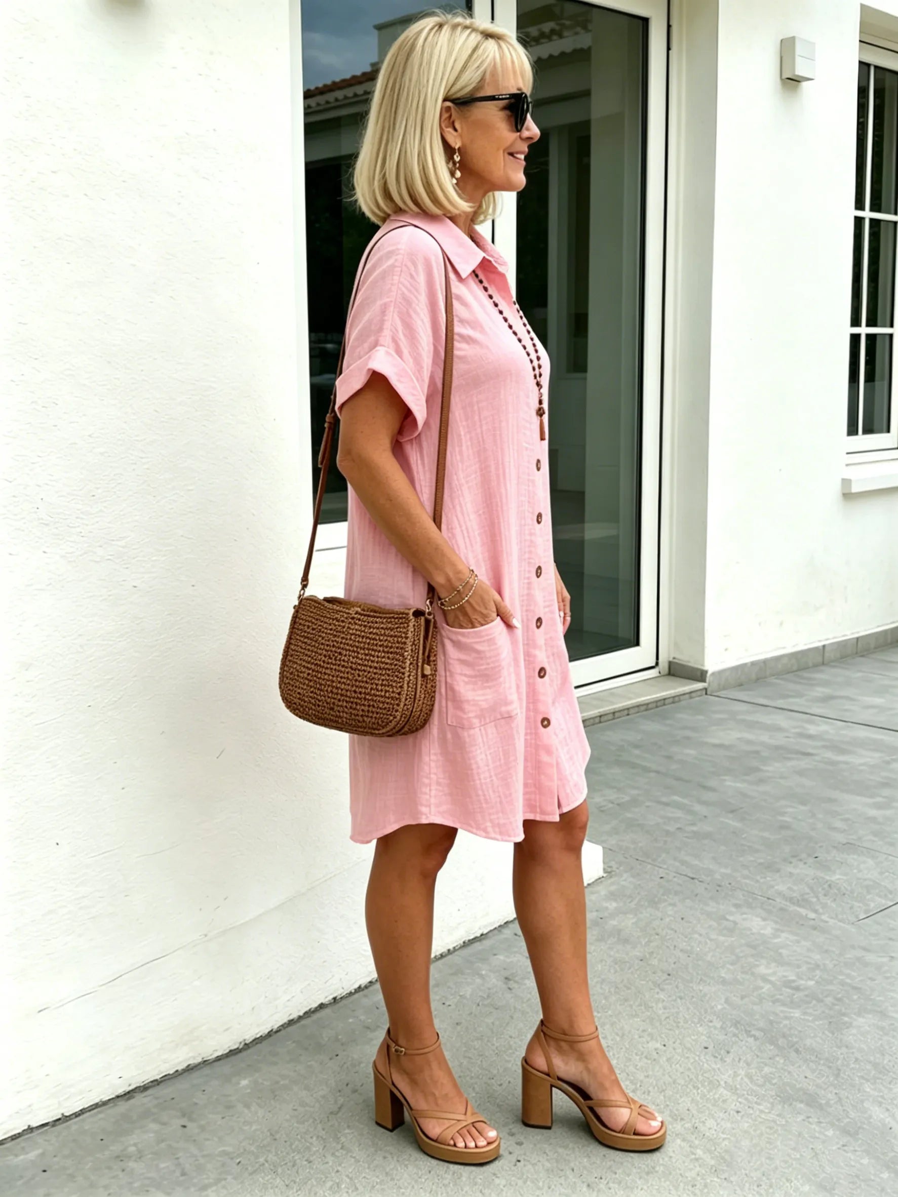 Solid Color Shirt Dress Simple, Made of Breathable, Featuring a Lapel Collar and Orderly Button Arrangement That Adds a Vintage Charm