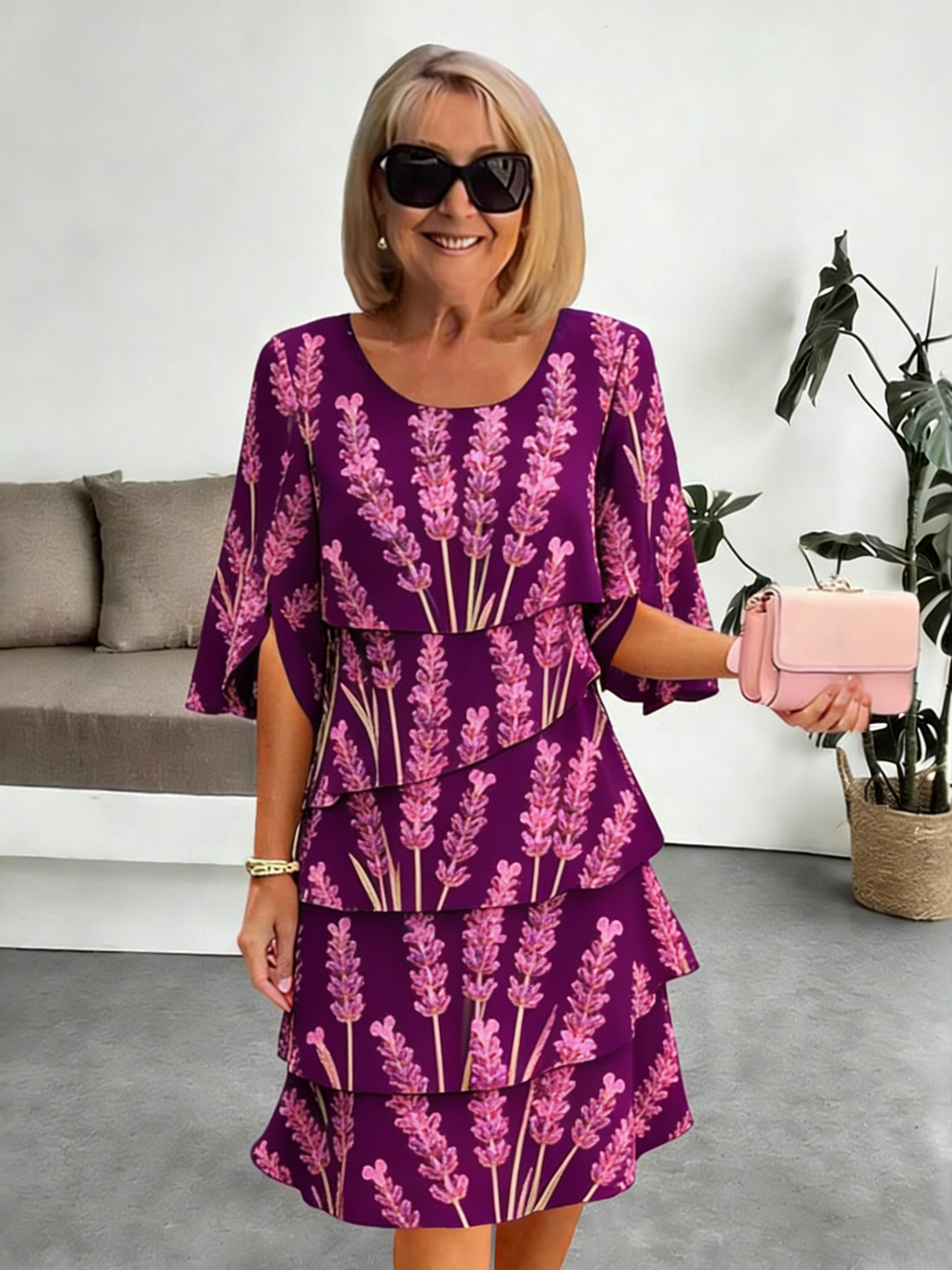 Lavender Chiffon Vacation Prints Color Round Neck Cake Skirt Splicing Dress Mid-length