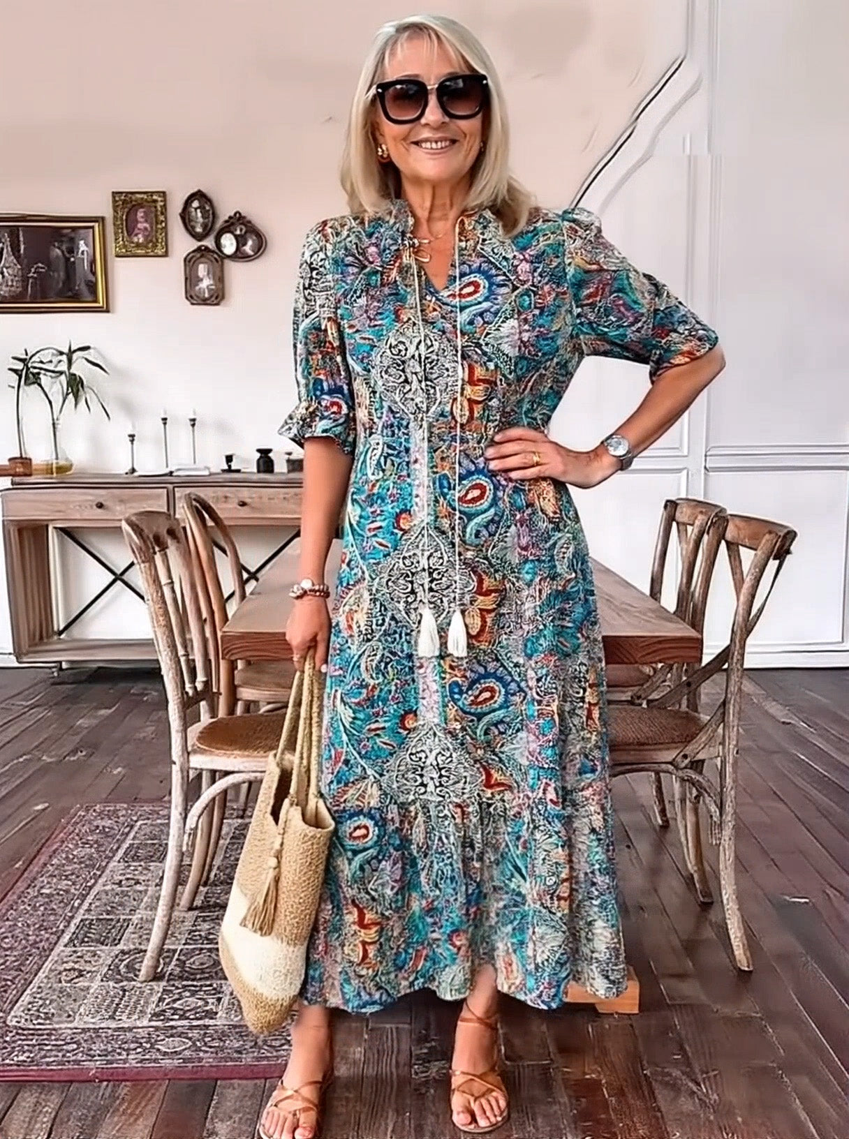 Vacation DRESS Paisley Bohemian Long Length Vintage Print Tassel Tie Neck Tunic Dress - Elegant Vacation Style with Drawstring, Ruffle Hem, and Random Printing