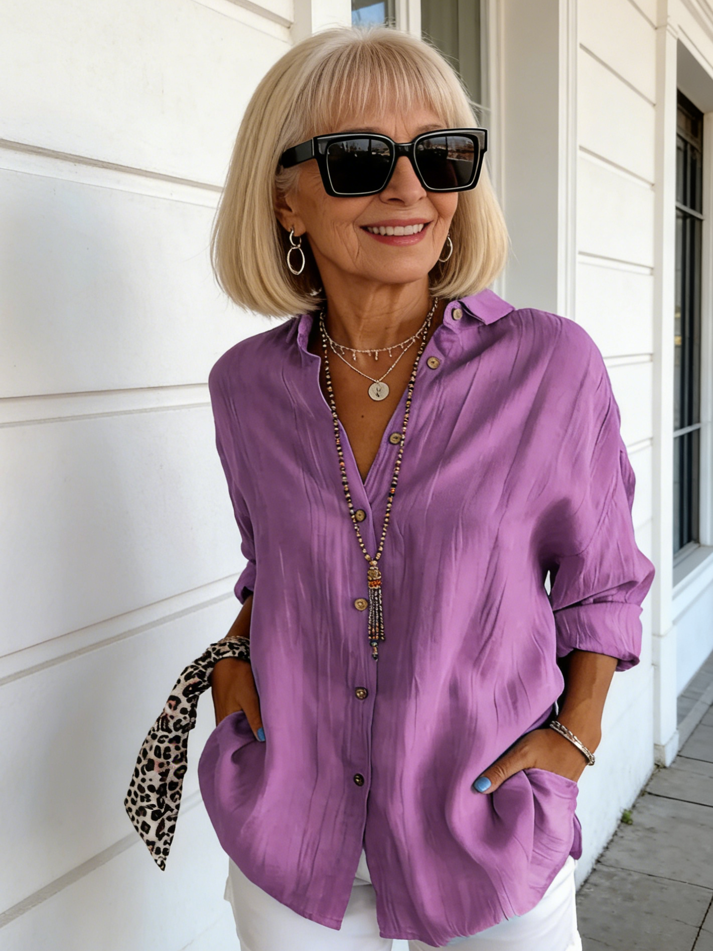 Women's Single-Breasted Pleated Lapel Shirt Solid Color Rollable Sleeves Top