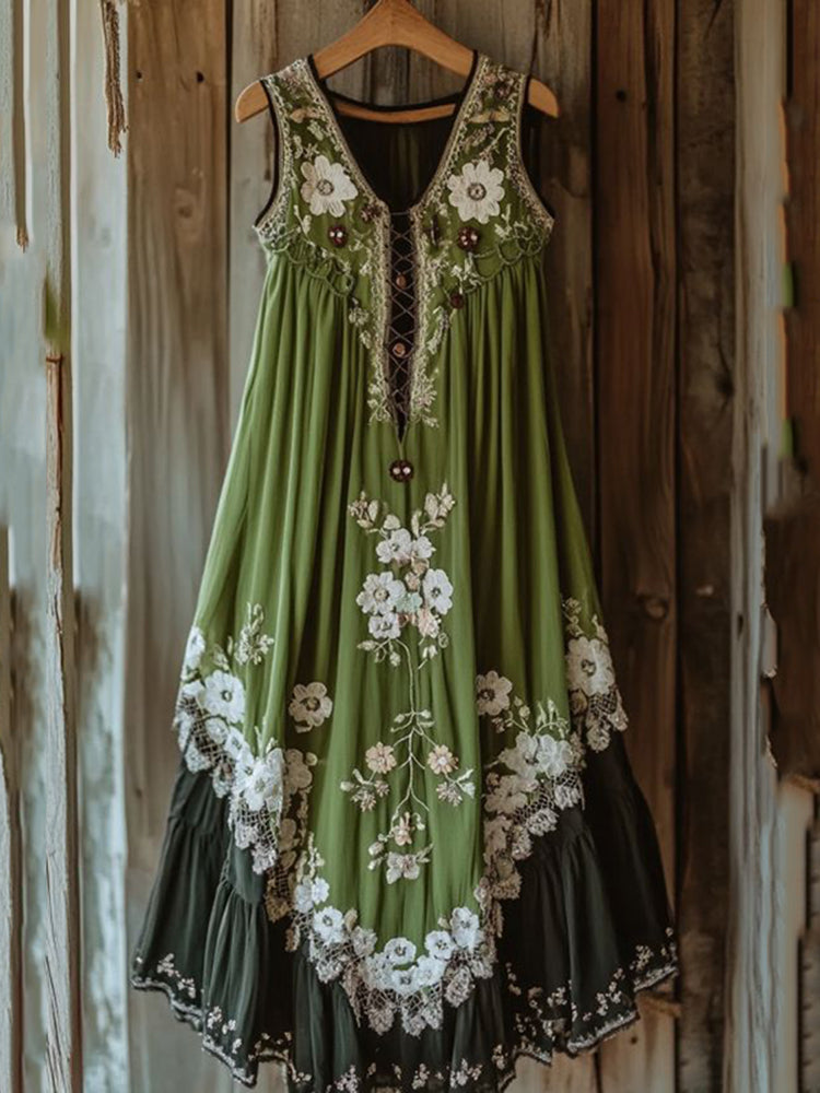 Vintage Tribal Embroidered Floral Art Color Block Maxi Dress