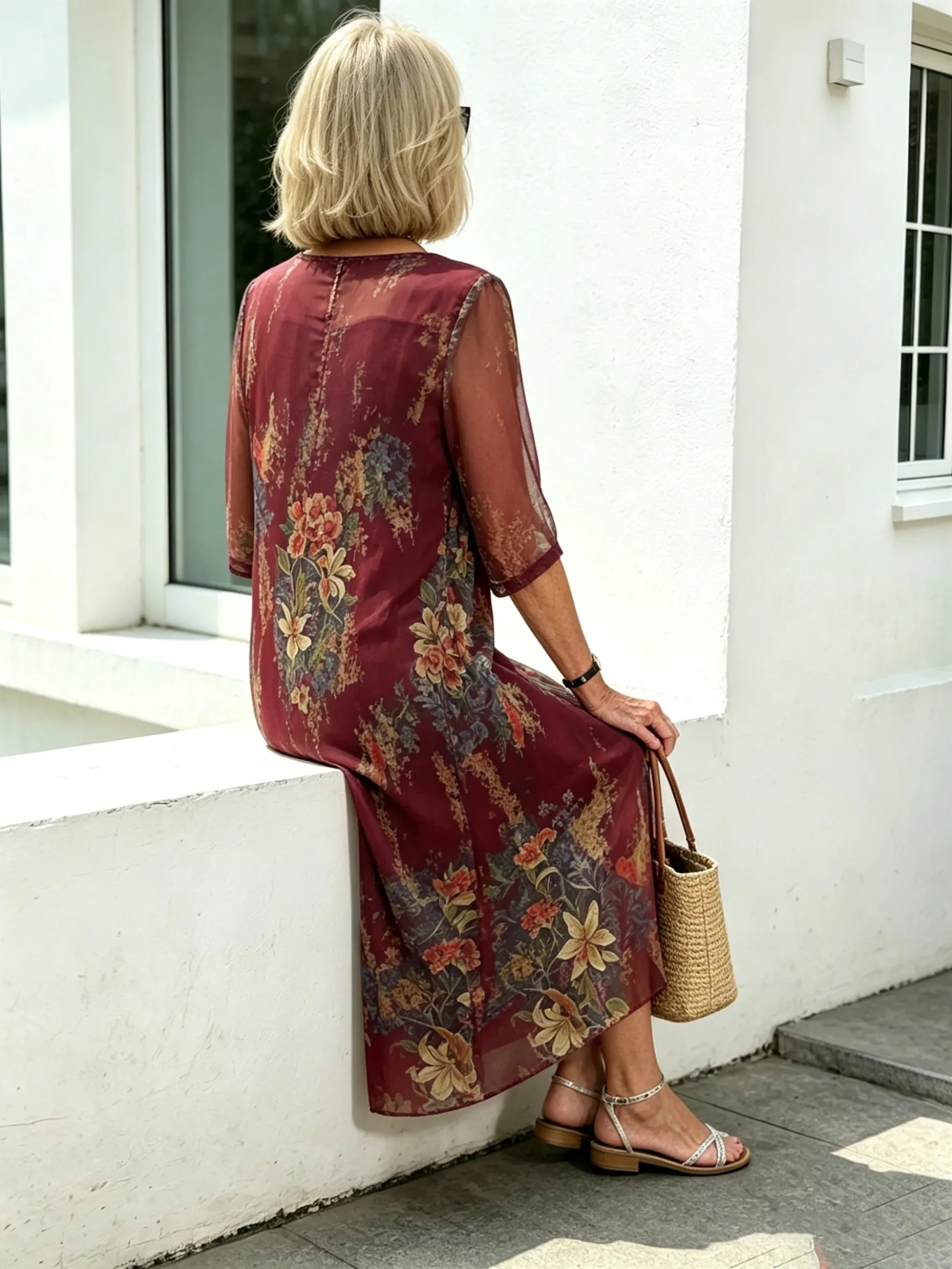 Black Floral Chiffon Midi Dress, Loose Tummy Hiding 3/4 Sleeve Printed Dress for Mature Women