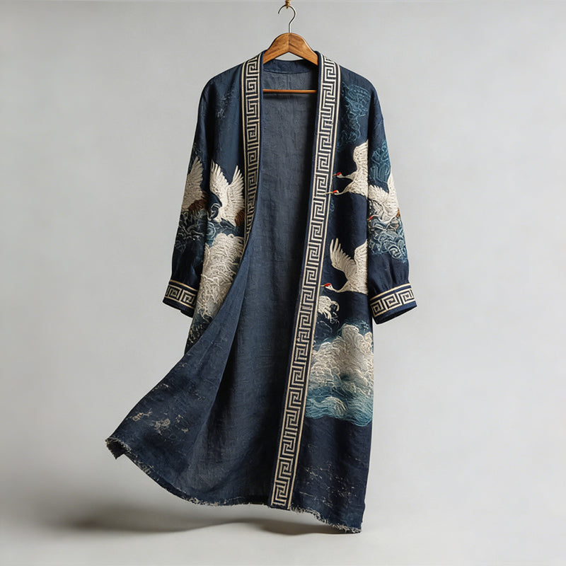 Cranes & Sea Waves Japanese Art Flowy Linen Long Kimono