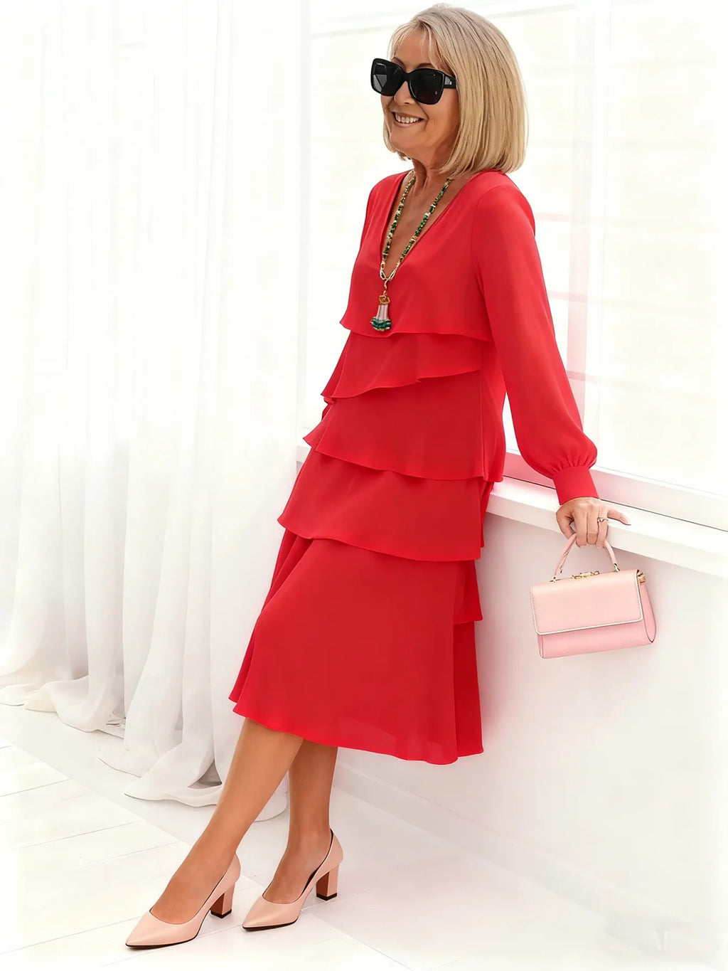 Deep V-Neck Long-sleeved Fashion Cake Skirt Women's Temperament Loose and Thin Round Neck Dress Women