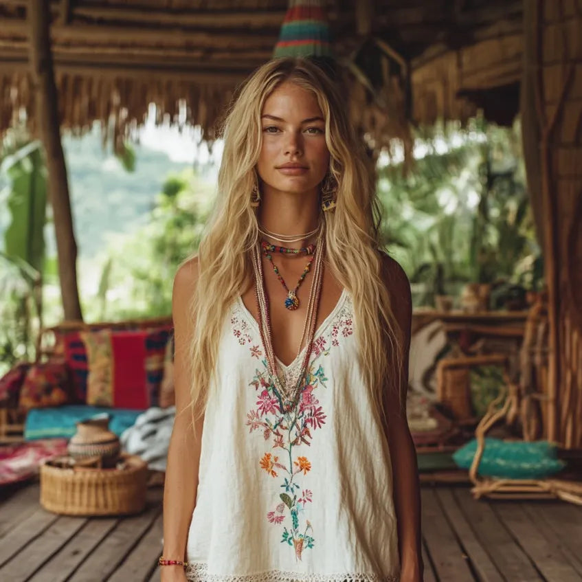 Vintage Floral Embroidery Art Women's Linen Tank Top