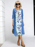Long Dress Two-piece Flower and Plant Print Crew Neck Dress Coat Women