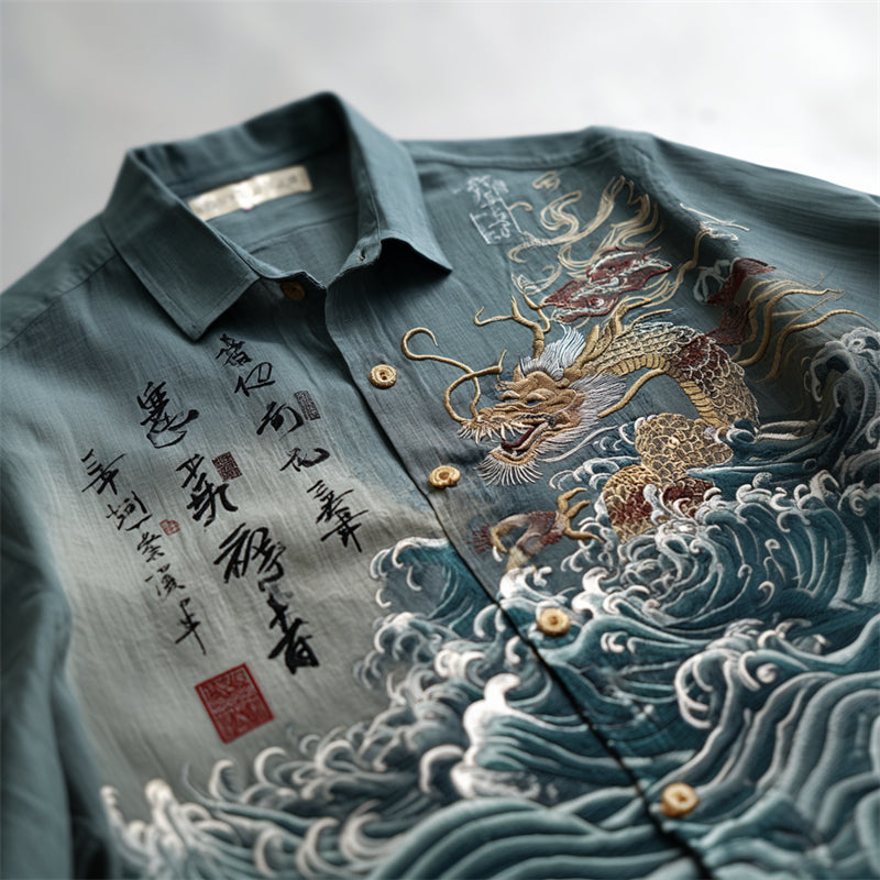 Men's Japanese Dragon Sea Waves Calligraphy Dyed Linen Shirt