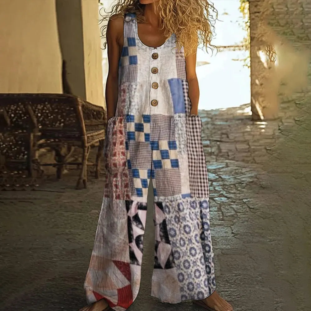 Vintage Square Patchwork Boho Art Women's Linen Wide Leg Jumpsuit