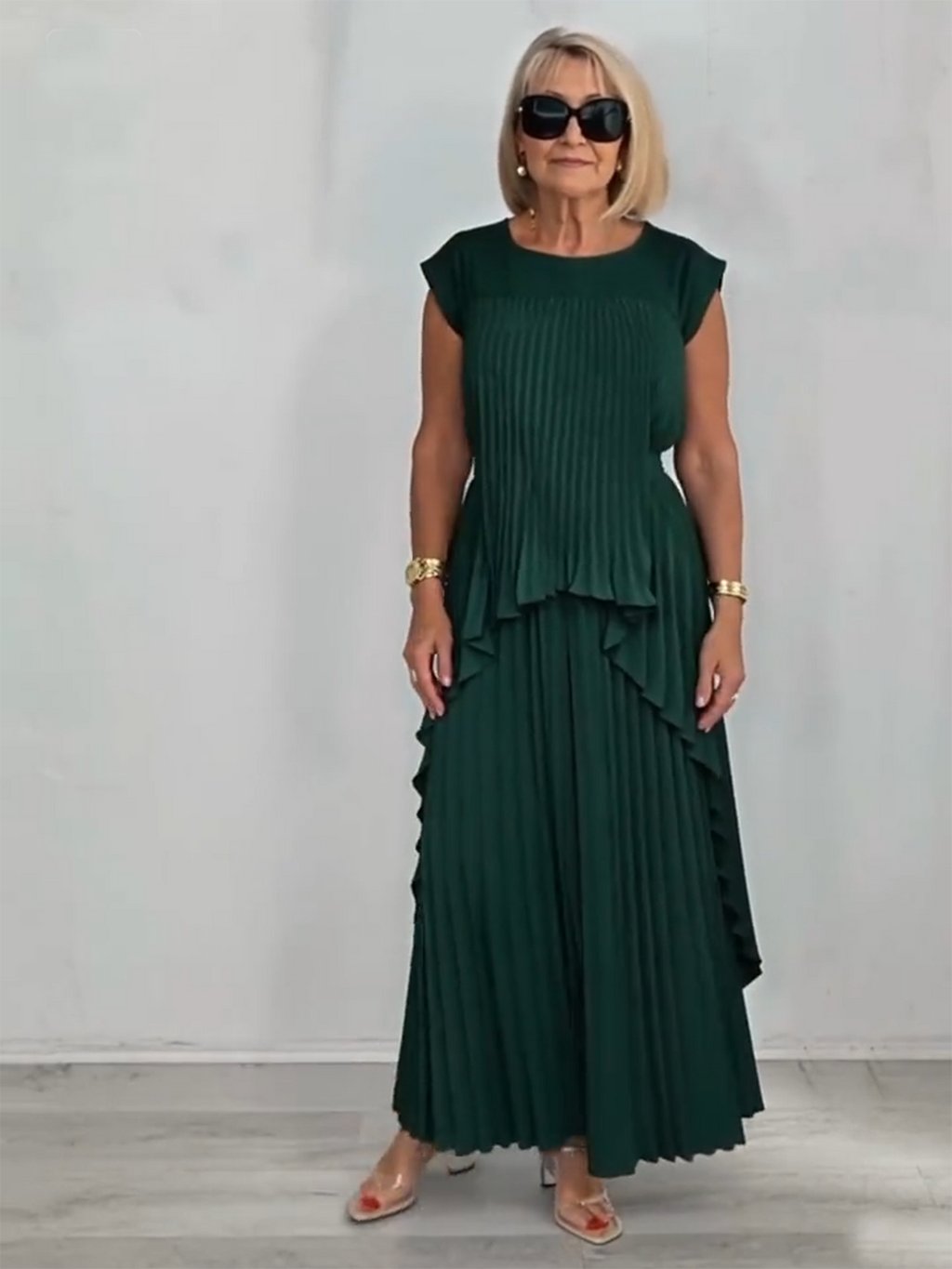 2Pcs Crew Neck Solid Color Sleeve Top Pleated Straight Pants Set Two-piece Set