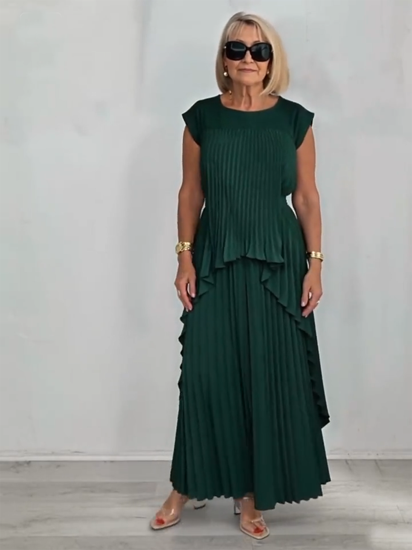 2Pcs Crew Neck Solid Color Sleeve Top Pleated Straight Pants Set Two-piece Set