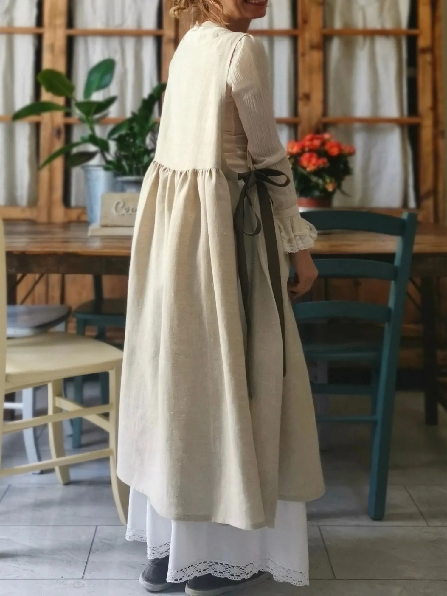 Beige Cotton Apron with Brown Ties