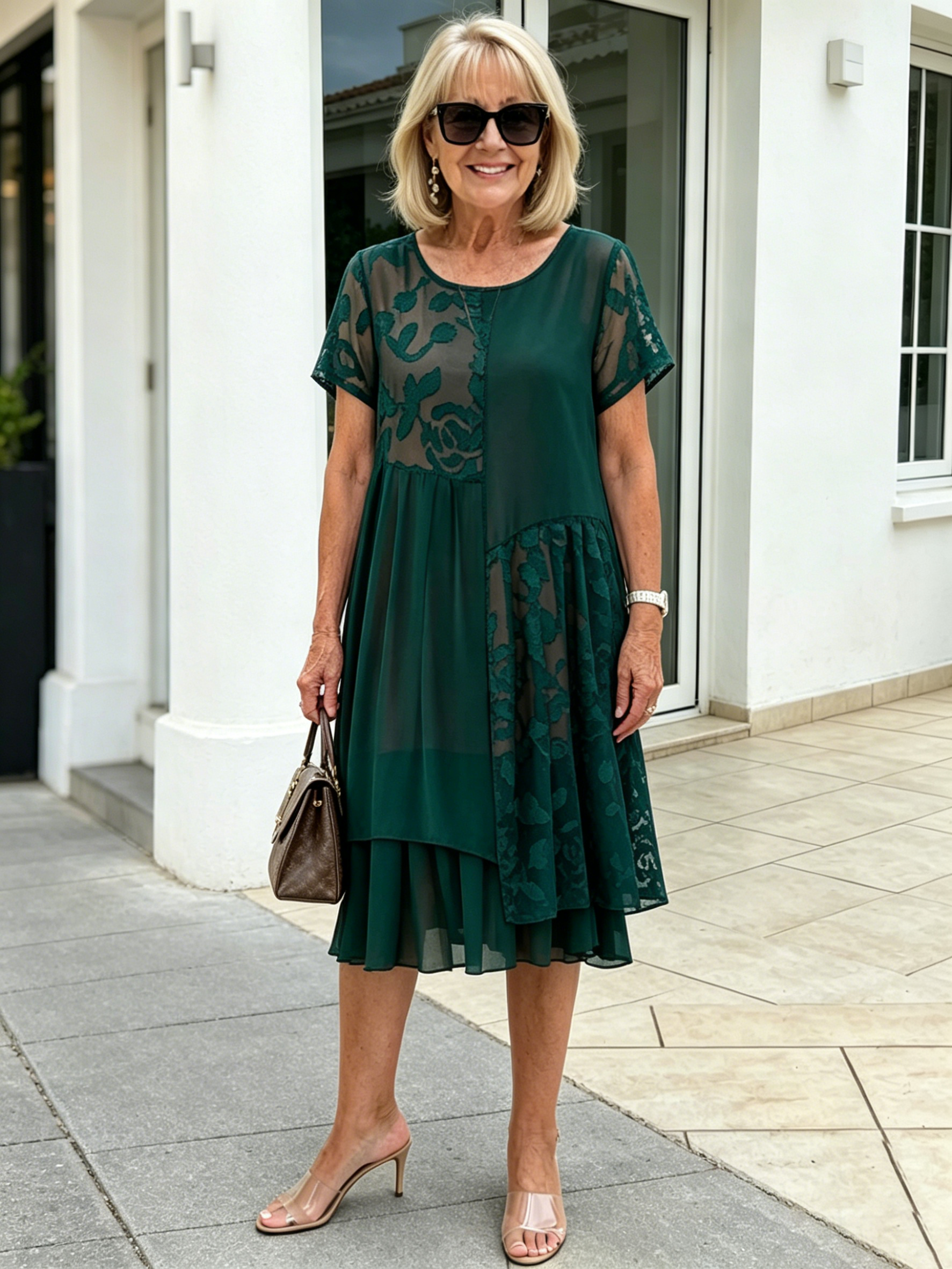 Black Floral Lace Patchwork Chiffon Midi Dress, Crew Neck Short Sleeve Loose Plus Size High-End Mother Dress
