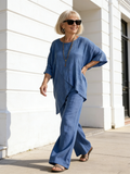 2Pcs Set Cotton and Linen Sleeves Round Neck Loose Casual Irregular Hem Set