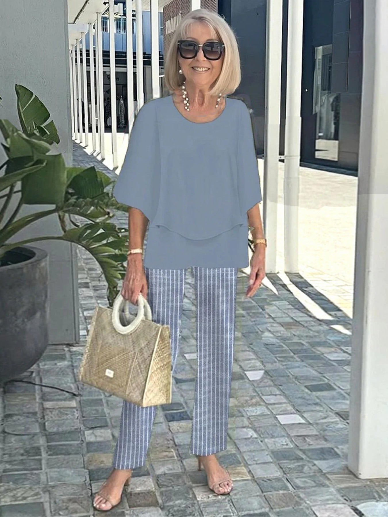 Casual Crew Neck Medium Sleeve Top Printed Floral Pants Set Two-piece Set