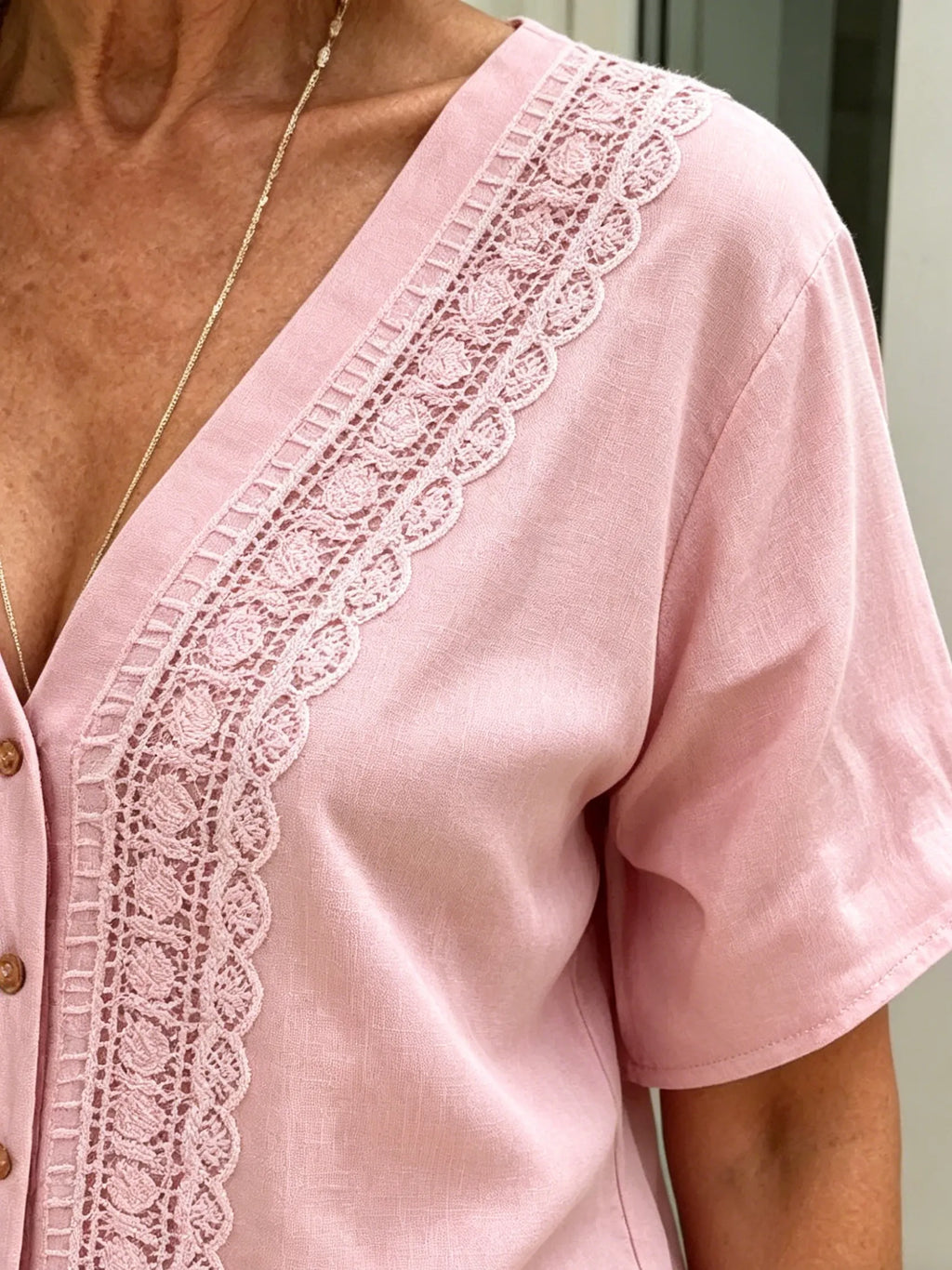 V-neck Short-sleeved Shirt Women's Loose Imitation Hemp Embroidered Button-up Top