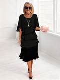 (Length end to the knee)Black Dress Style Fashion Solid Color Round Neck Cake Skirt Splicing Dress Women's Clothing