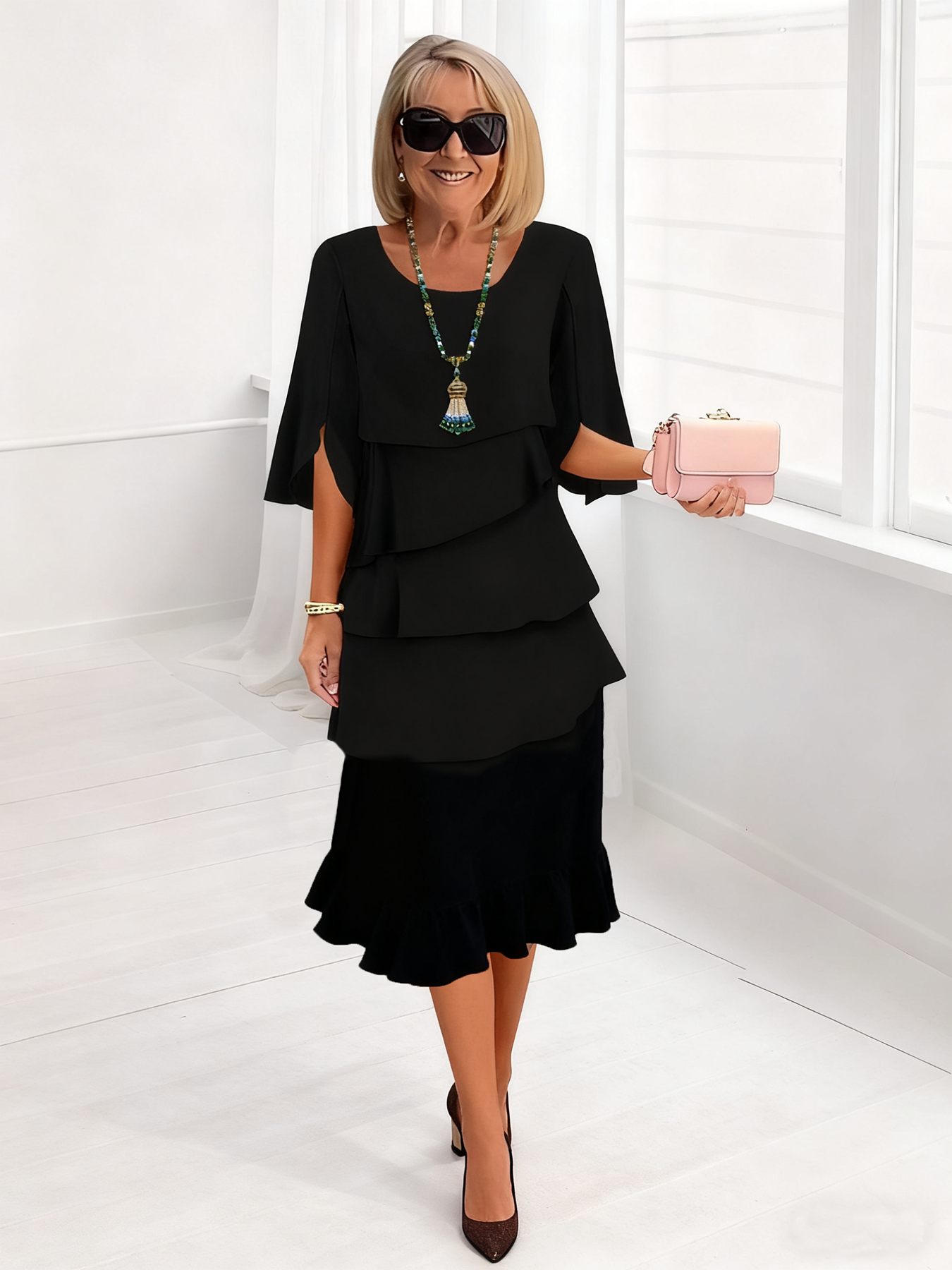 (Length end to the knee)Black Dress Style Fashion Solid Color Round Neck Cake Skirt Splicing Dress Women's Clothing