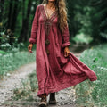 Women's Vintage Bohemian V-neck Linen Blend Ethnic Midi Dress