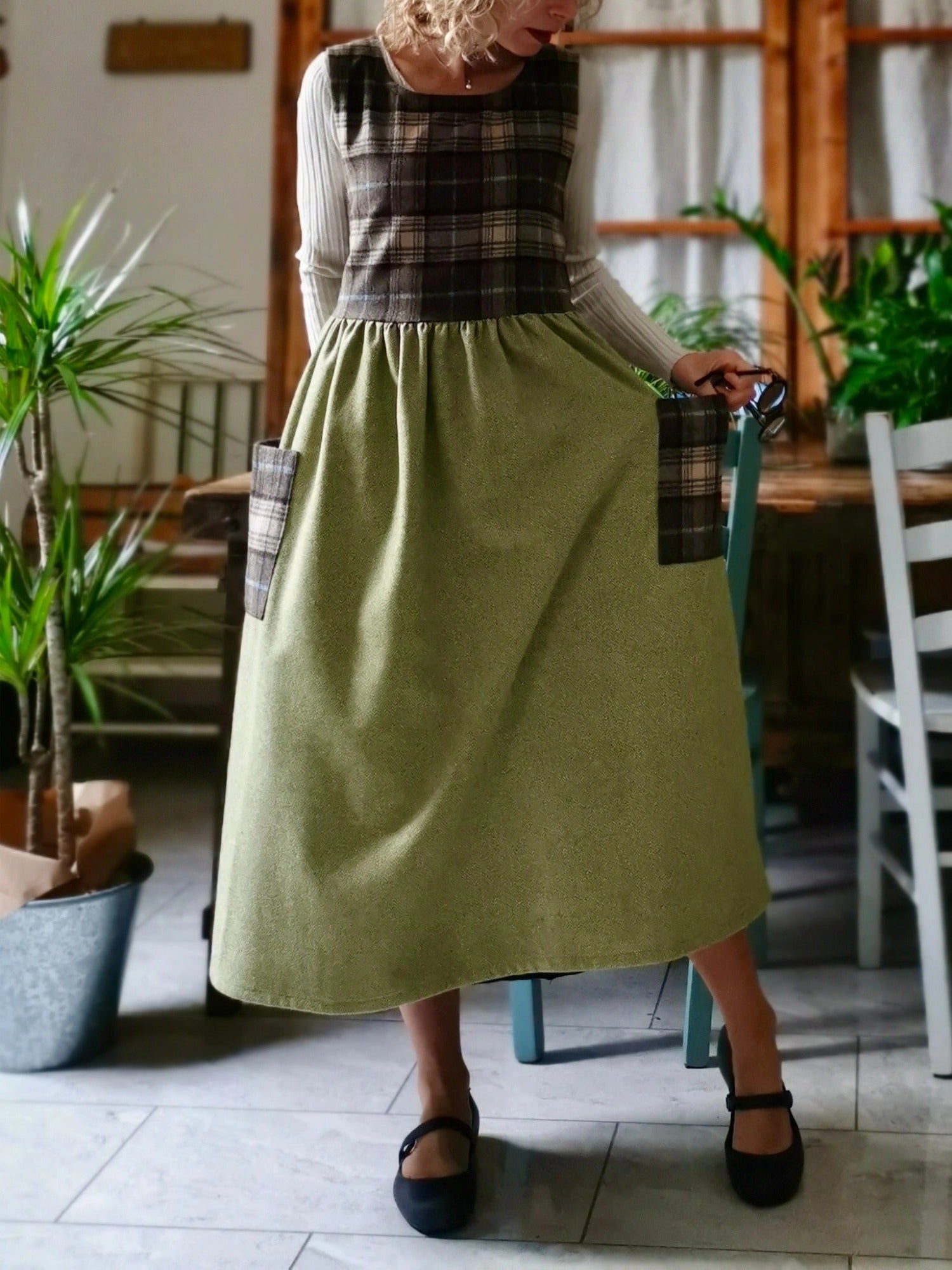 Brown Green Patchwork Cotton Apron