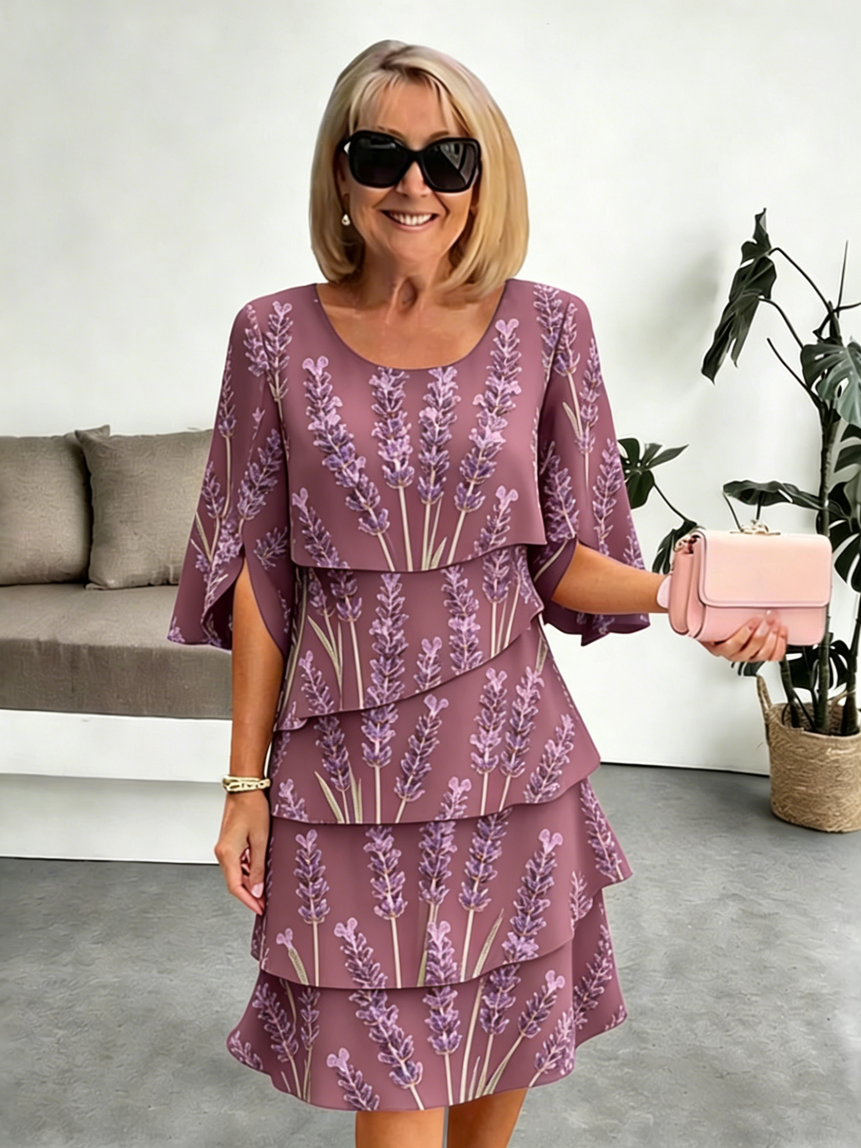 Lavender Chiffon Vacation Prints Color Round Neck Cake Skirt Splicing Dress Mid-length