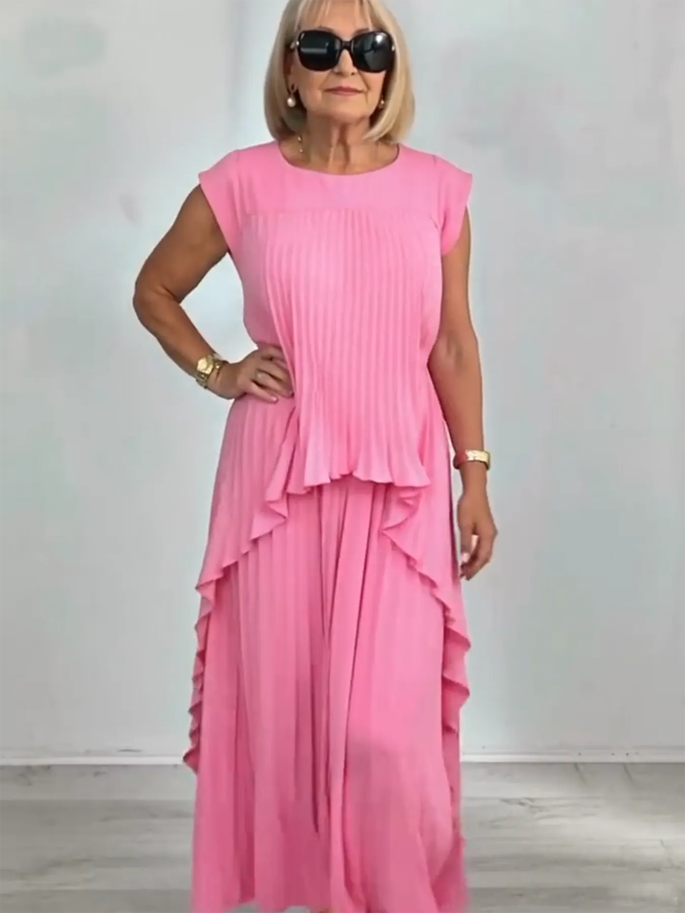 2Pcs Crew Neck Solid Color Sleeve Top Pleated Straight Pants Set Two-piece Set