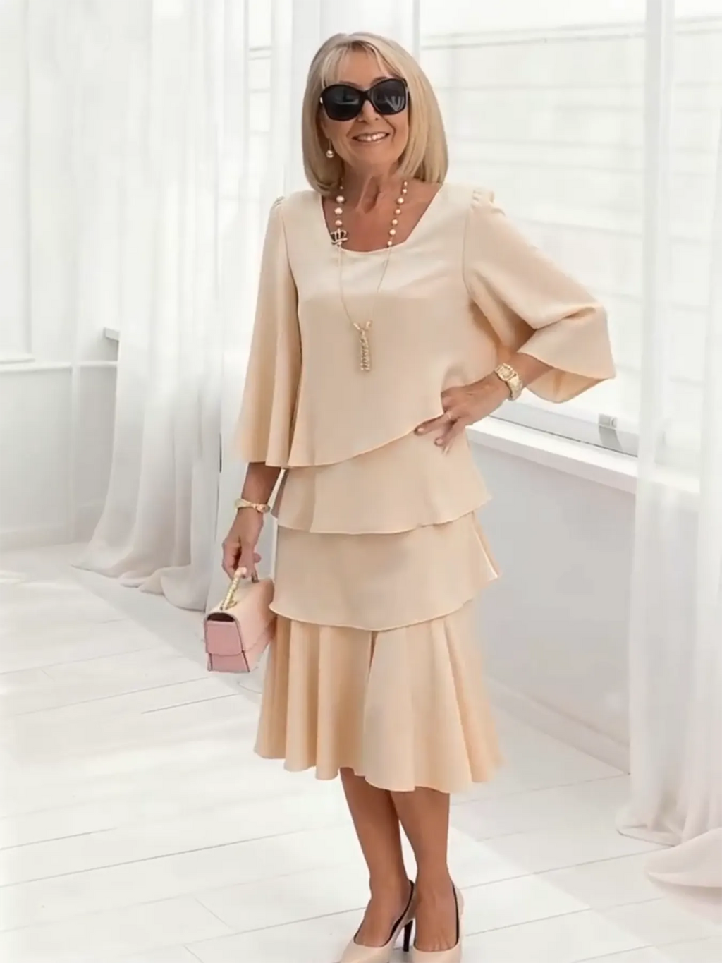 Long Dress Half Sleeve Fashion Cake Skirt Women's Temperament Loose and Thin Round Neck Dress