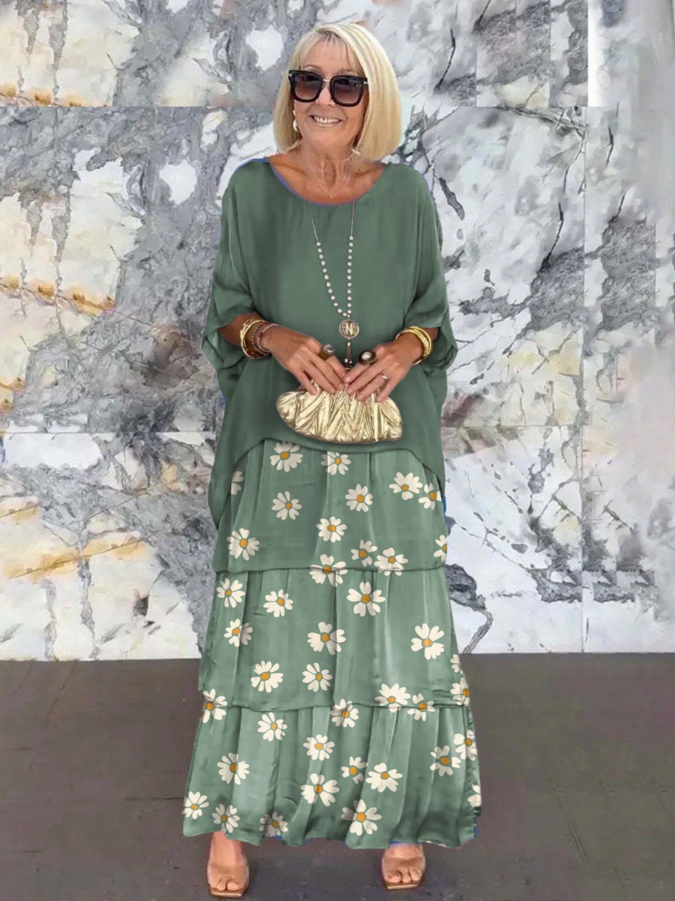 Solid Color Women's Gradient Clover Art Print Elegant Chiffon Cake Skirt