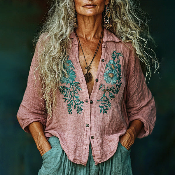 Women's Vintage Linen Bohemian Print Shirt