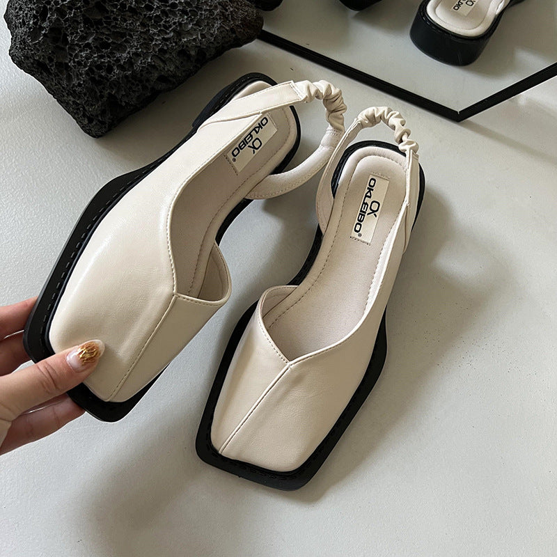 Back Empty Bag Head Sandals Women's Spring and Summer Flat Bottom Wind Square Head Single Shoes French Retro Sandals Outer Wear