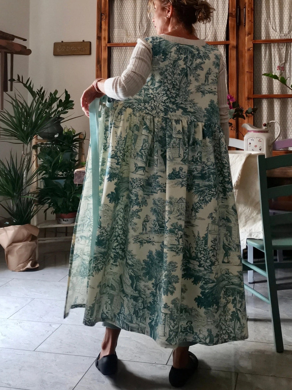 Vintage Teal Blue Toile de Jouy Long Apron