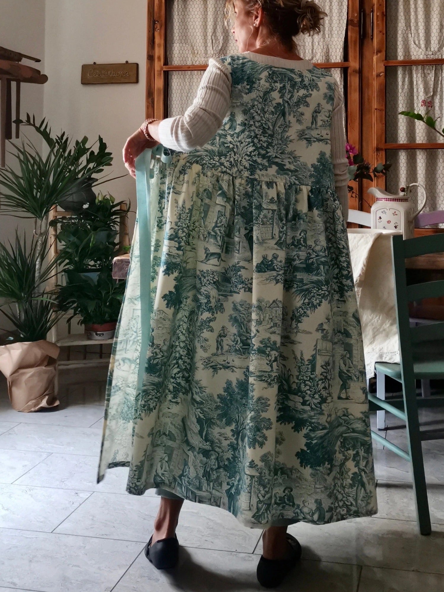 Vintage Teal Blue Toile de Jouy Long Apron
