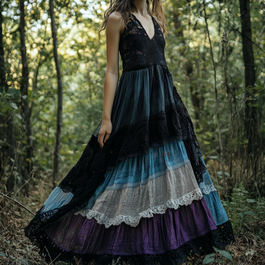 Boho Lace Patchwork Colorful Art Sleeveless Comfy Linen Dress