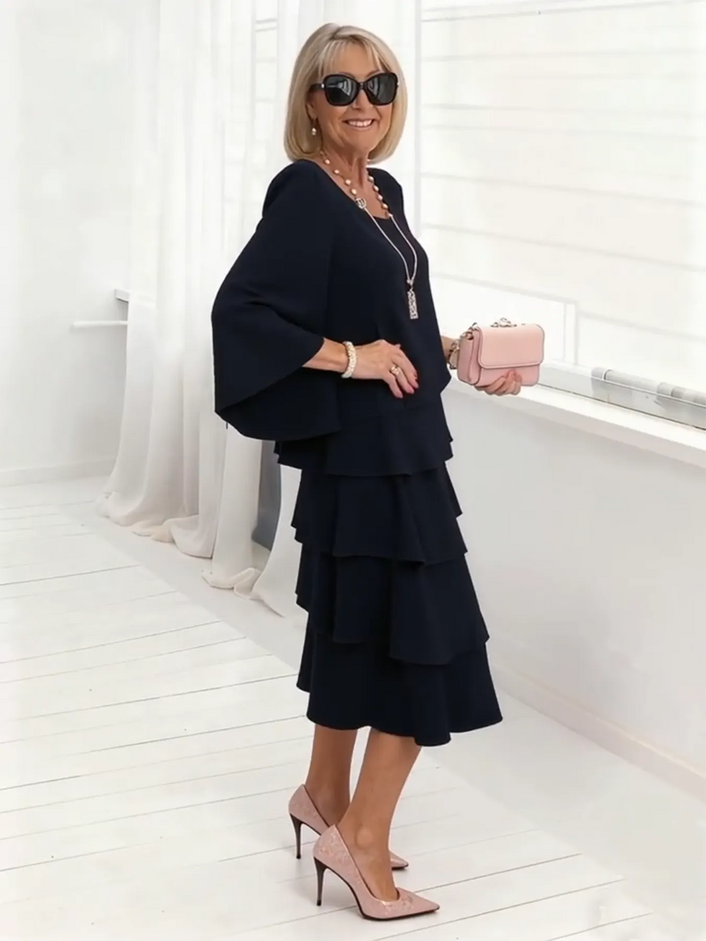 Long Dress Half Sleeve Fashion Cake Skirt Women's Temperament Loose and Thin Round Neck Dress