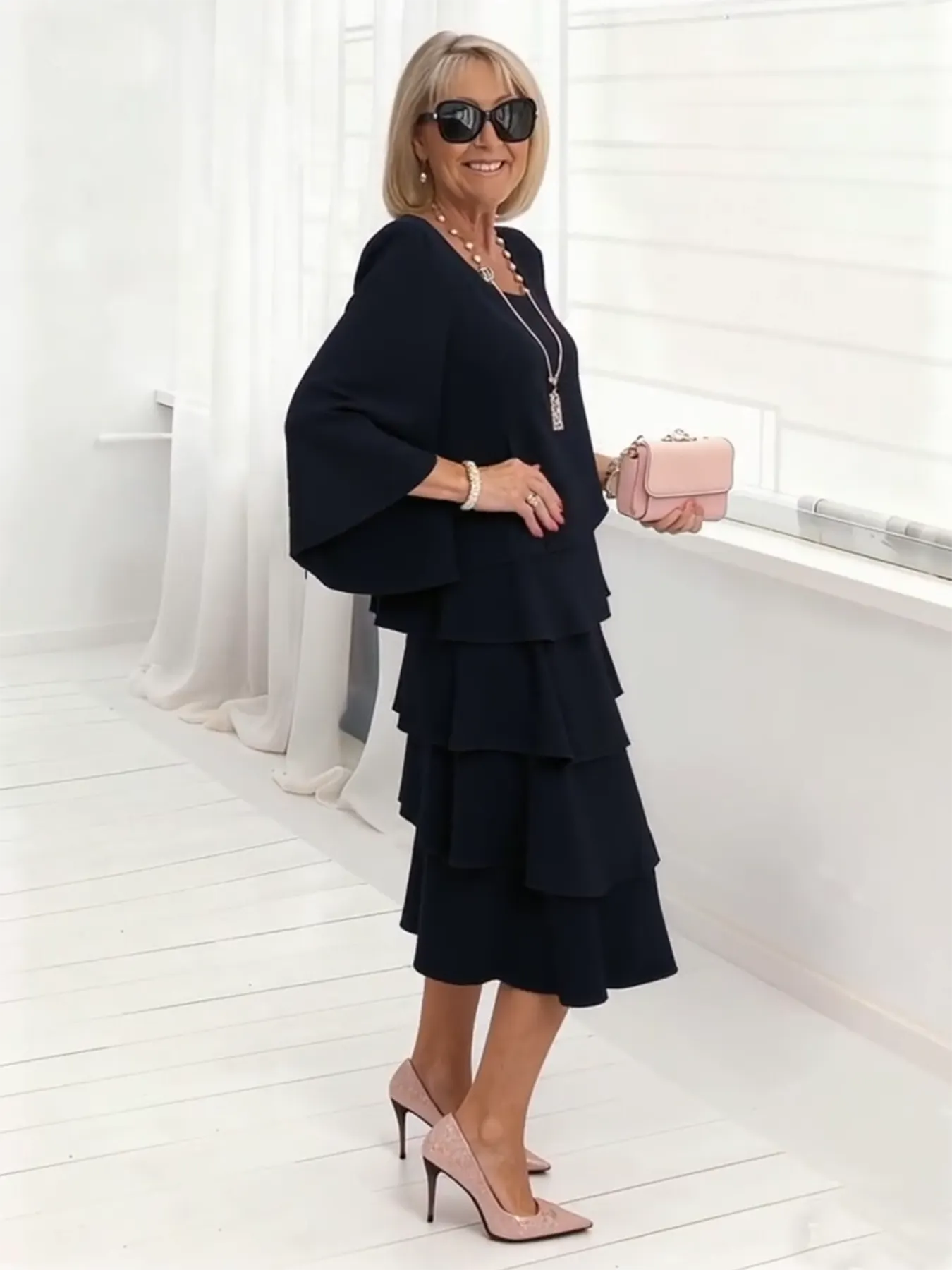 Long Dress Half Sleeve Fashion Cake Skirt Women's Temperament Loose and Thin Round Neck Dress