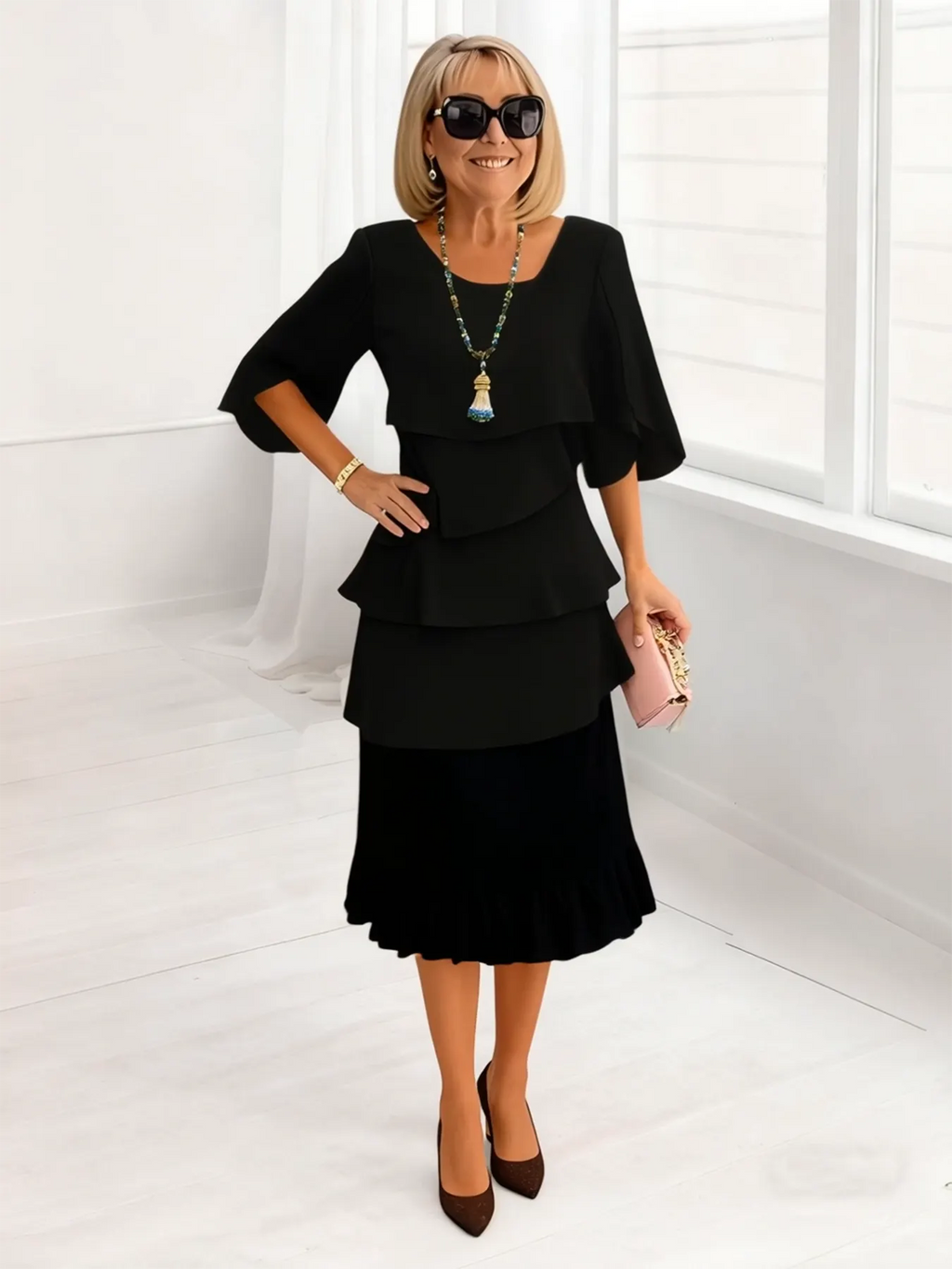 (Length end to the knee)Black Dress Style Fashion Solid Color Round Neck Cake Skirt Splicing Dress Women's Clothing