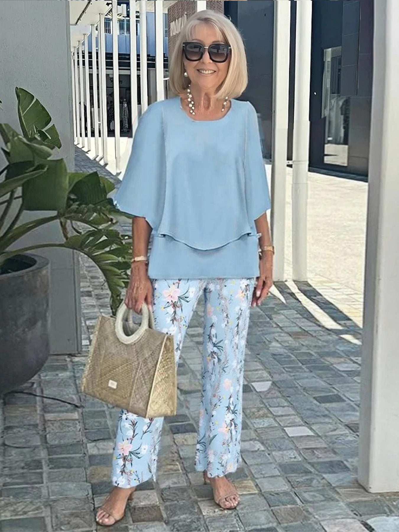 Casual Crew Neck Medium Sleeve Top Printed Floral Pants Set Two-piece Set