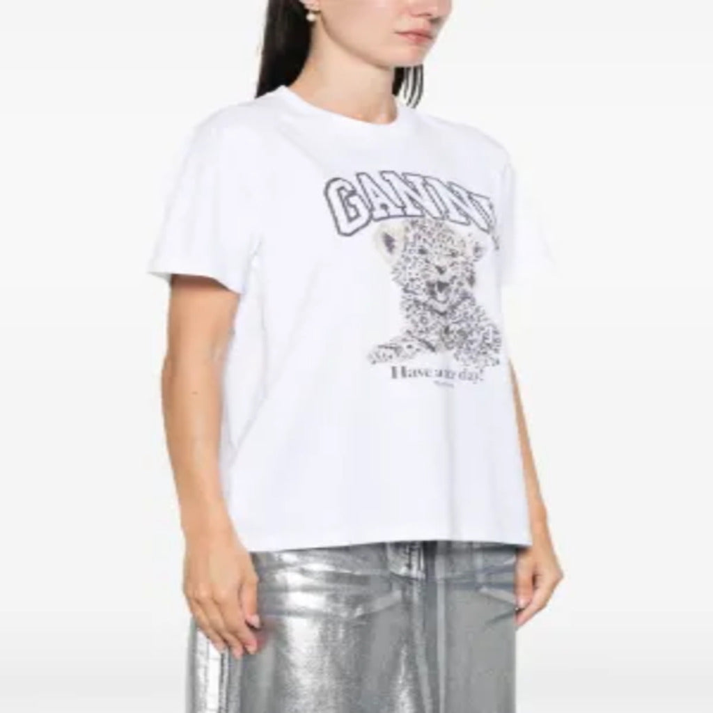 🐆 T-shirt GANNI bianca con stampa di cucciolo di leopardo