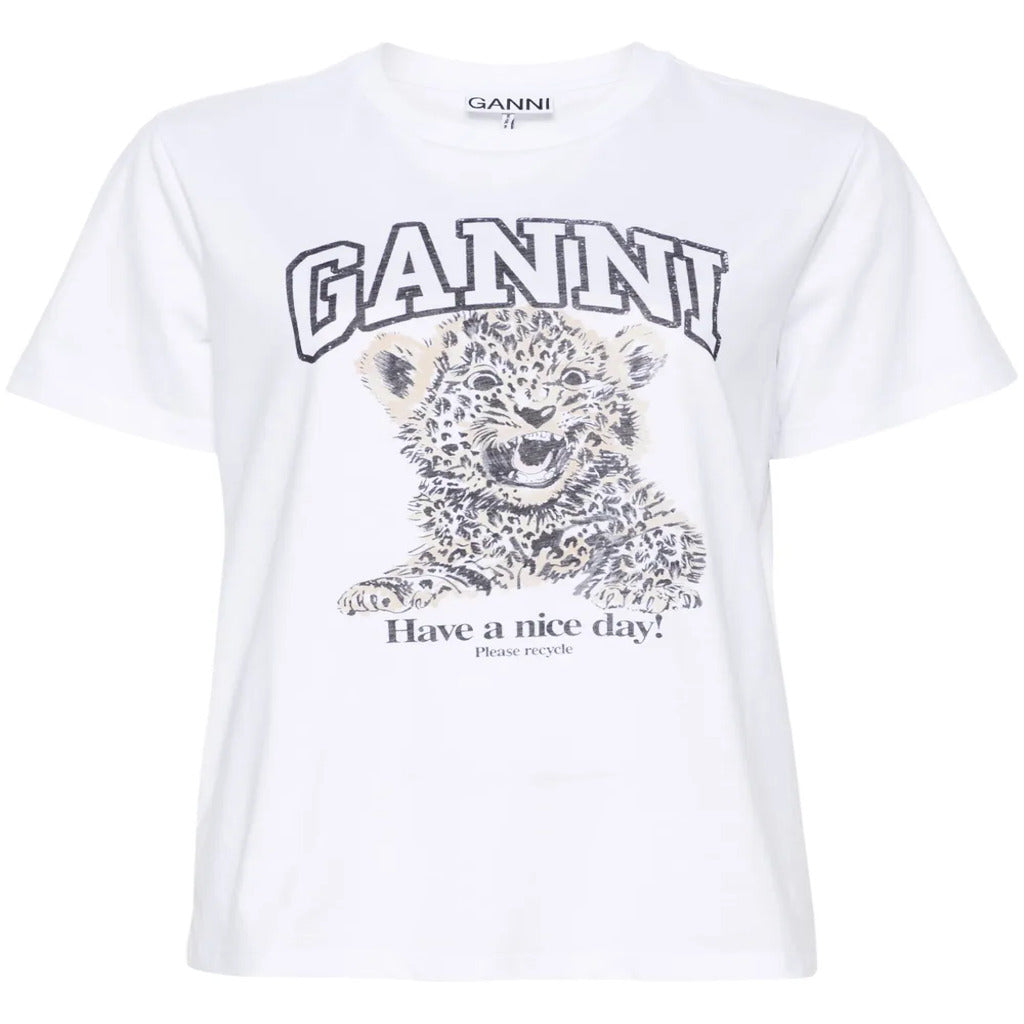 🐆 T-shirt GANNI bianca con stampa di cucciolo di leopardo