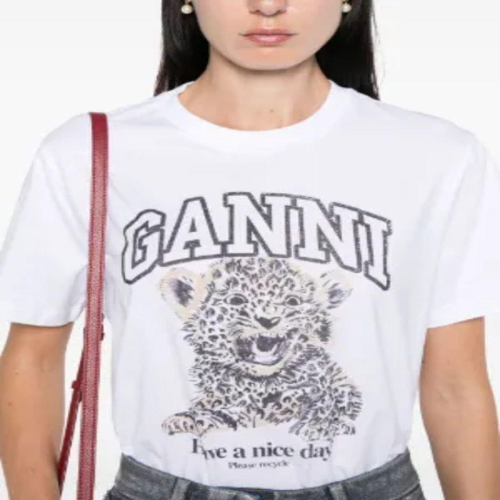 🐆 T-shirt GANNI bianca con stampa di cucciolo di leopardo