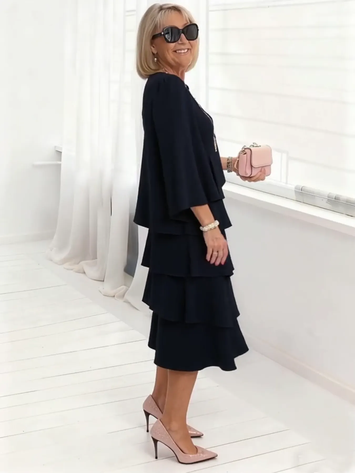 Long Dress Half Sleeve Fashion Cake Skirt Women's Temperament Loose and Thin Round Neck Dress