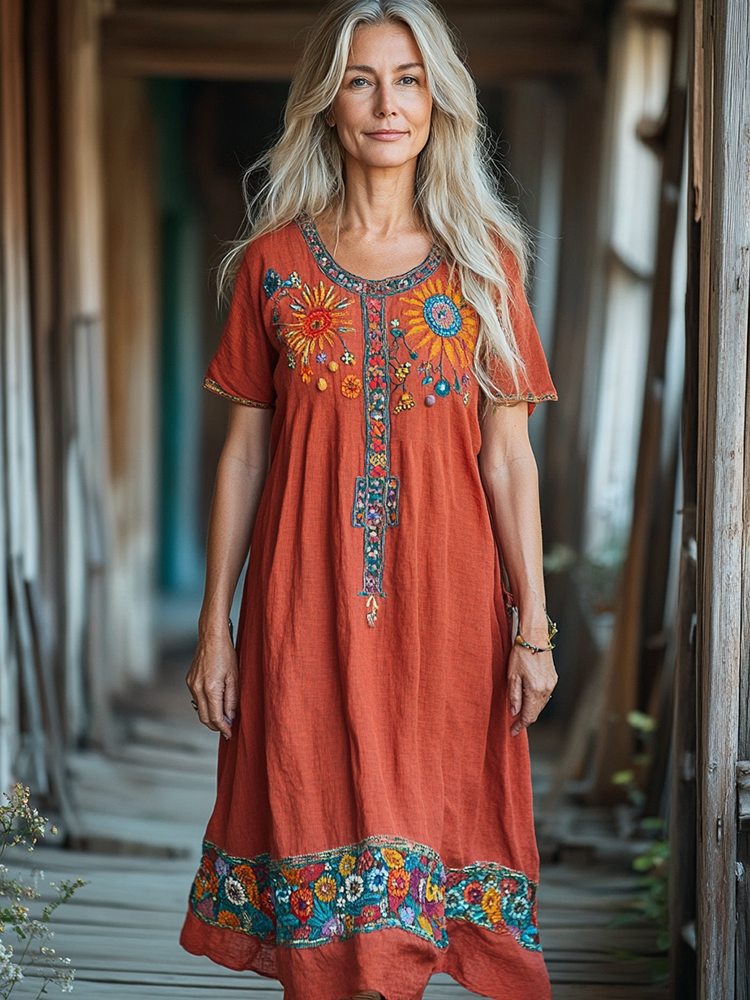 Vintage Bohemian Floral Embroidery Short Sleeve Loose Midi Dress