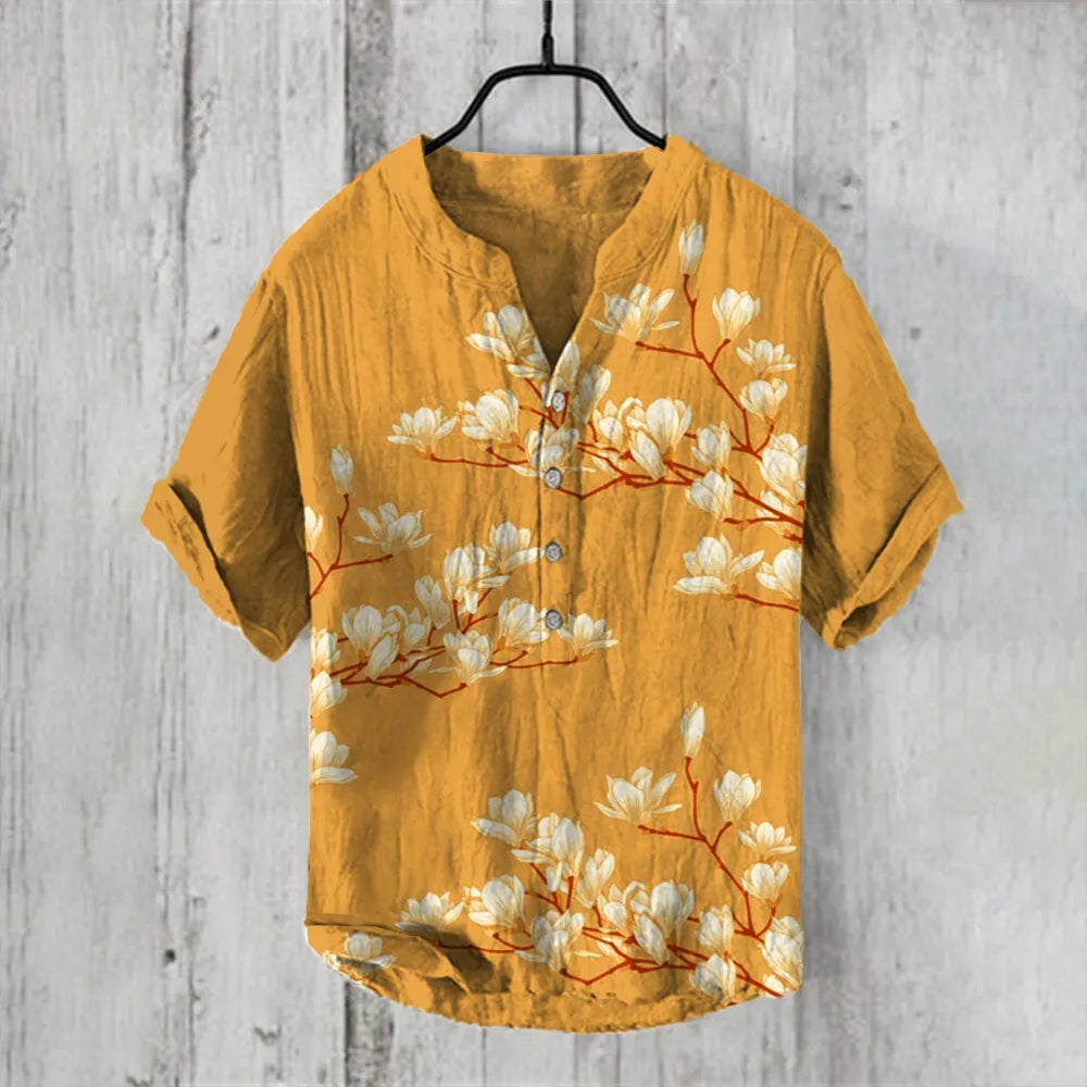 Vintage Japanese Magnolia Flower Casual Linen Blend Shirt