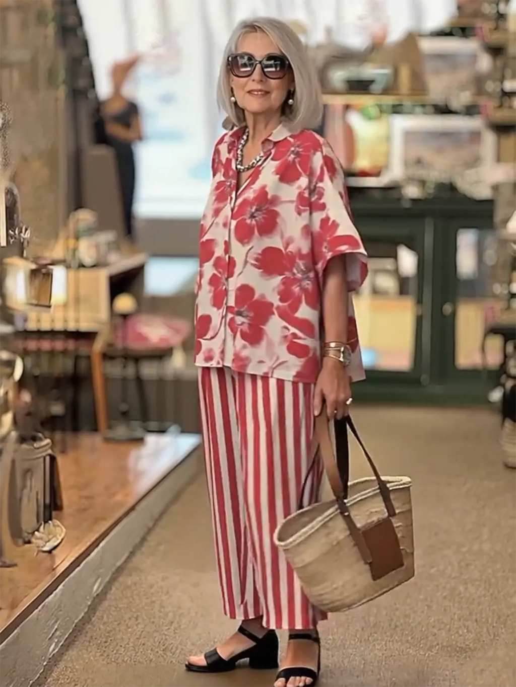 2Pcs Lapel Loose Geometric Printing Casual Set