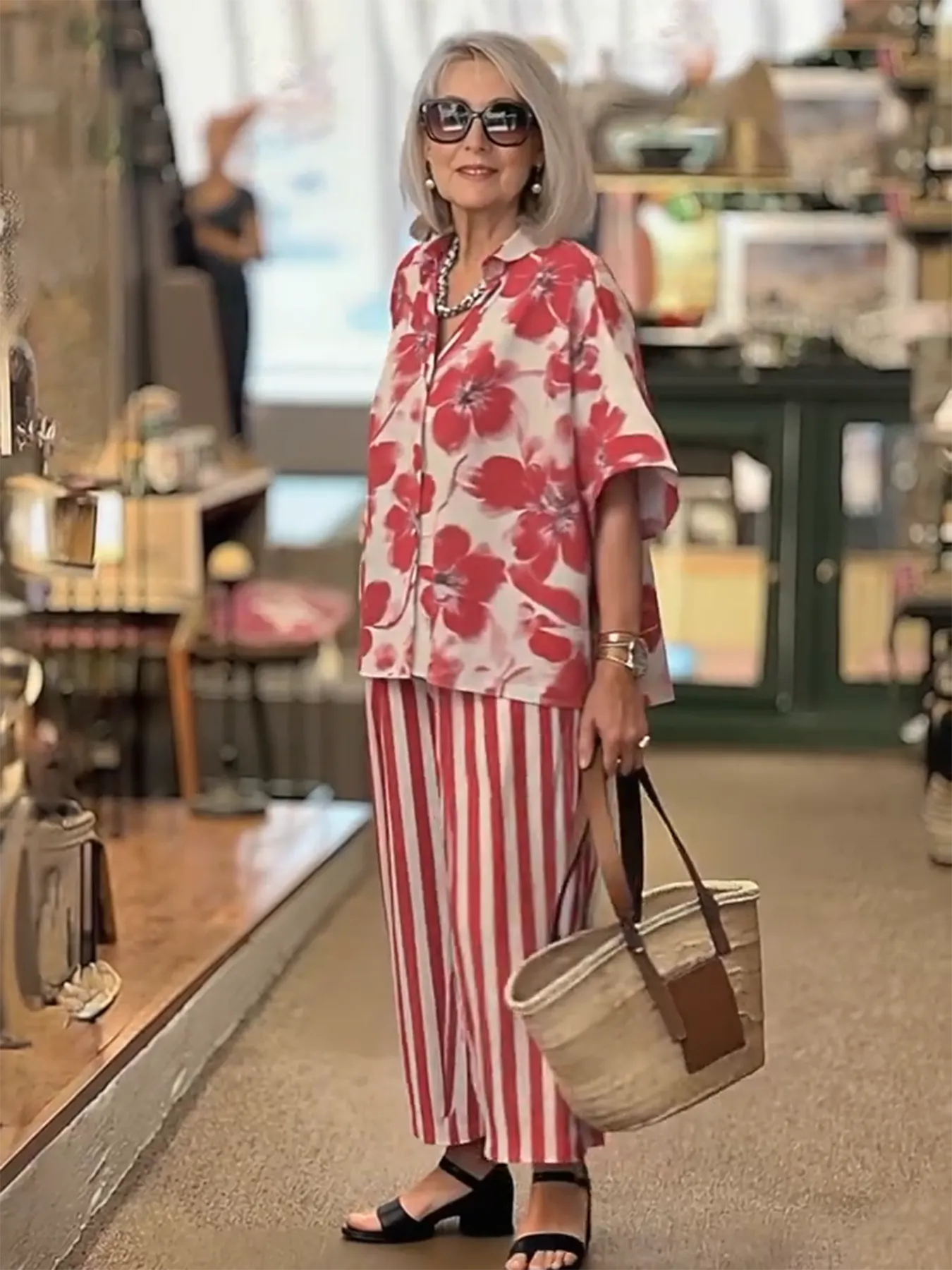 2Pcs Lapel Loose Geometric Printing Casual Set