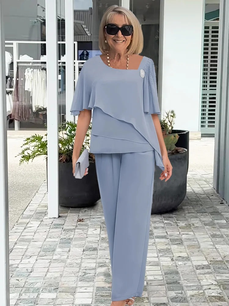 2Pcs Half-sleeve Beaded Top and Trouser Set