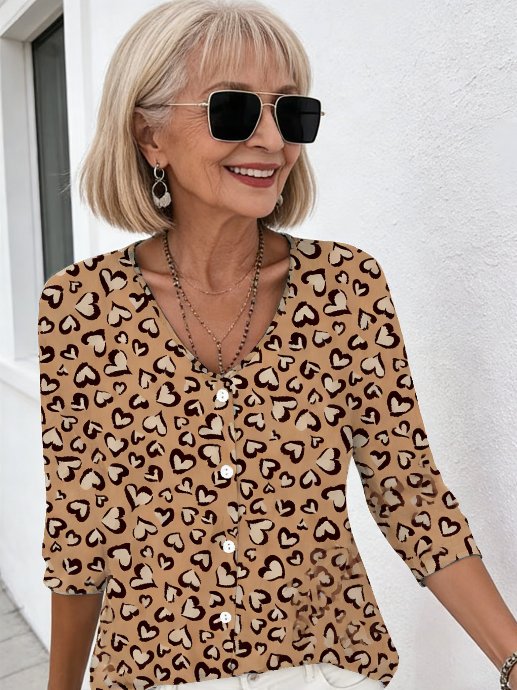 V-neck Buttons Printed Long Sleeve Tunic Tops