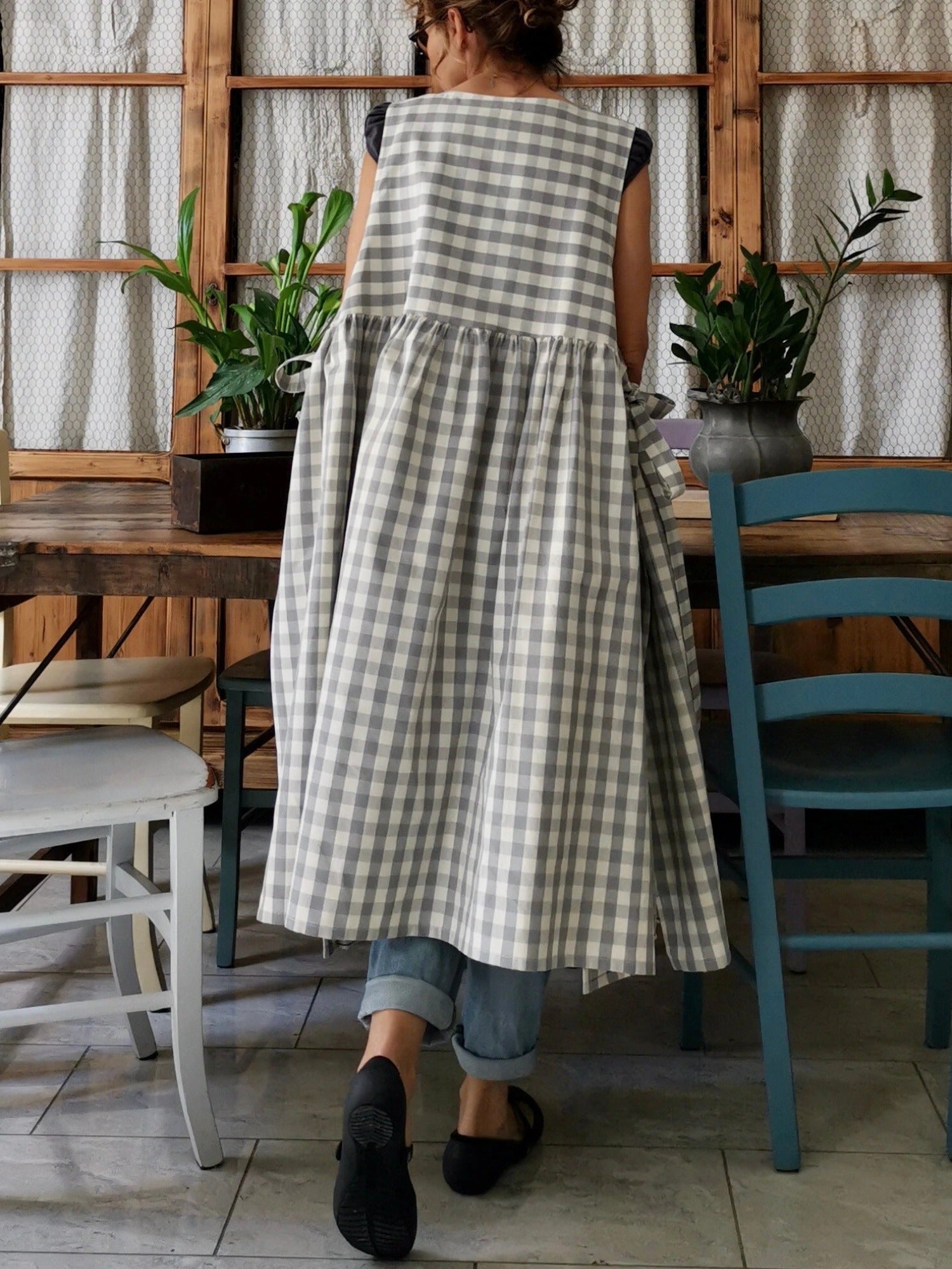 Light Grey and Cream Checked Cotton Apron