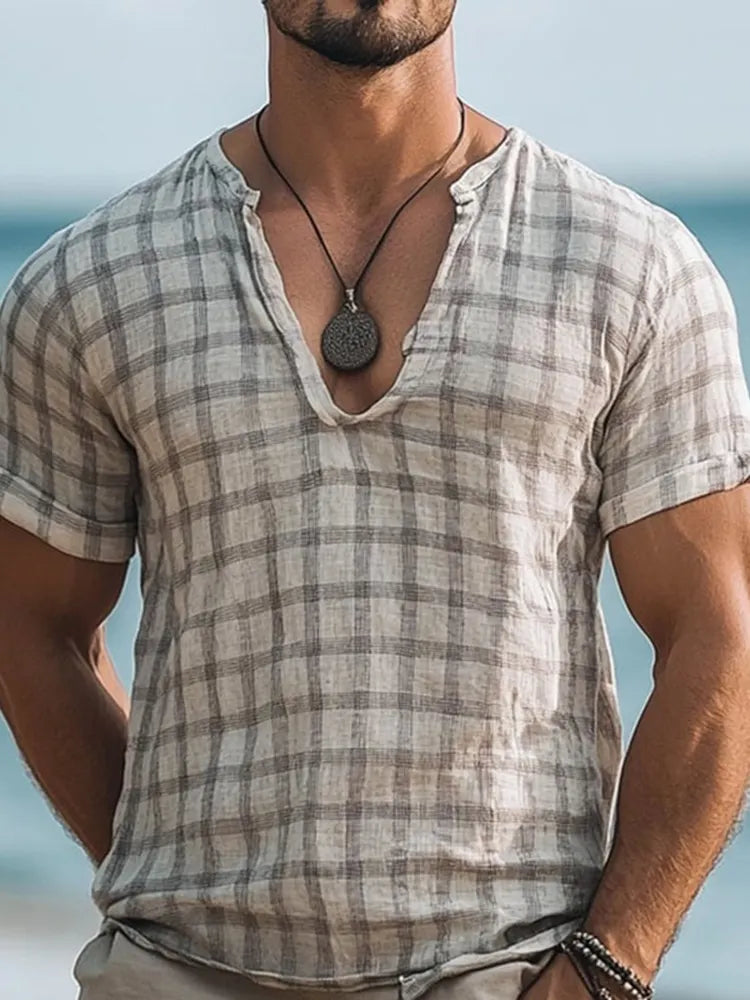 Men's Casual Fashion Plaid Cotton And Linen V-neck T-shirt
